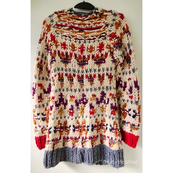 Chunky Knit Boho Neo Fairisle Cardigan Sweater, Wooden Toggle Buttons, ANTHRO - Picture 5 of 16